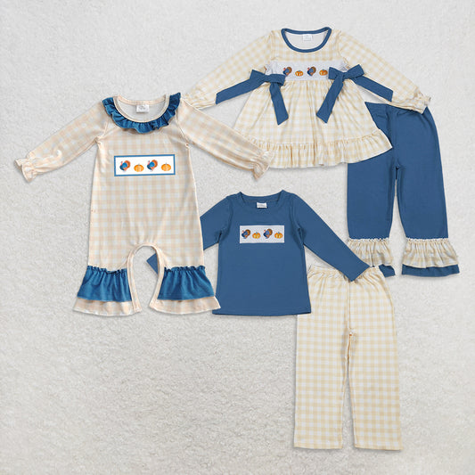 RTS NO MOQ Sibling Baby girls clothes Embroidery halloween pumpkin turkey long-sleeved trousers suit & rompers