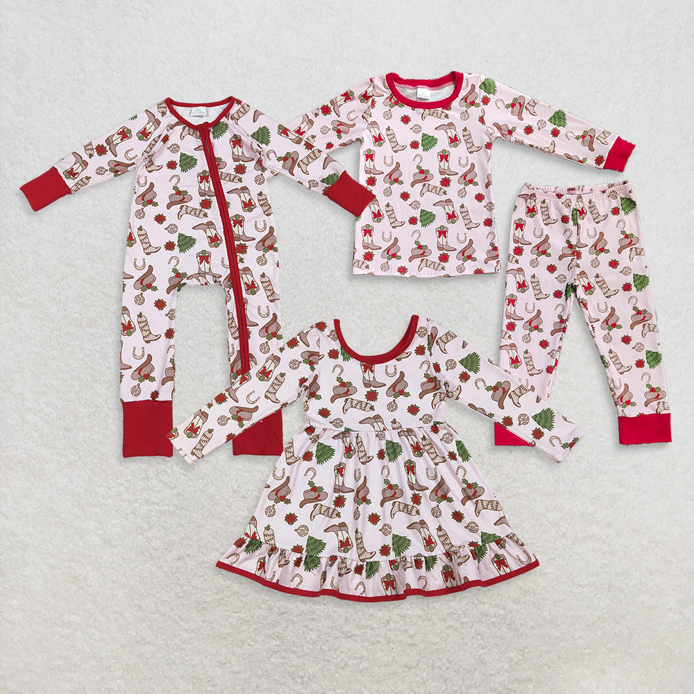 RTS Sibling baby girls clothes Christmas boot bow long Sleeve pants set and dress and rompers