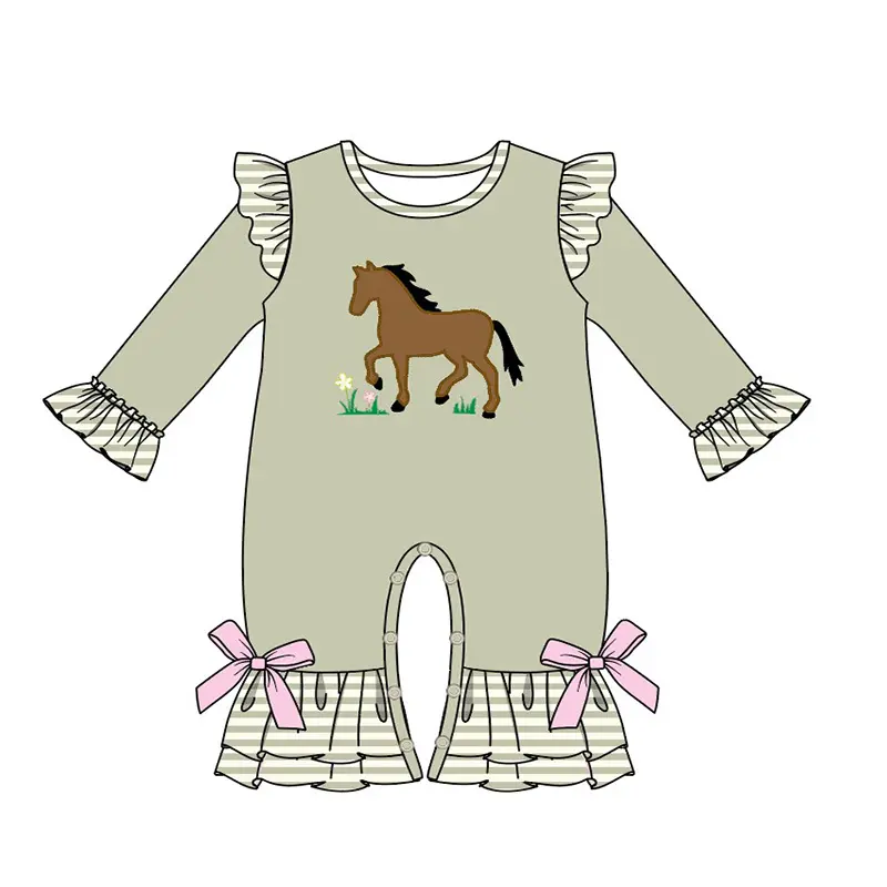 Custom moq 3 eta 7/8week moq 5 eta /4/5week Embroidered horse grey green striped flying sleeve long romper