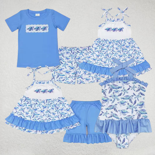 RTS Embroidered turtle blue short-sleeved shorts set