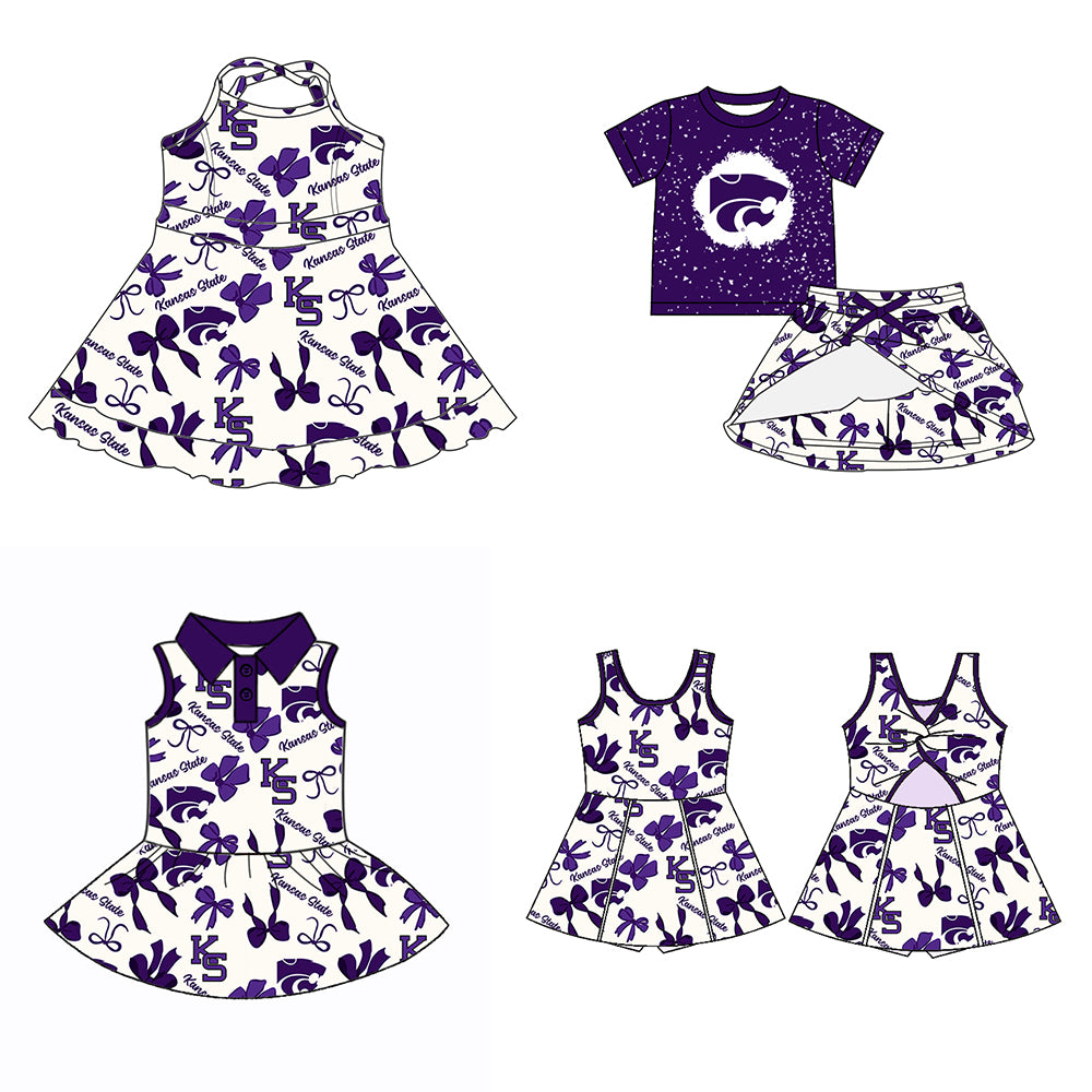 Custom moq 5 mix sizes summer teams baby girls clothes team purple short sleeve skirts shorts sets dress 1 and dress 2 and dress 3 and dress 4-25.5.23