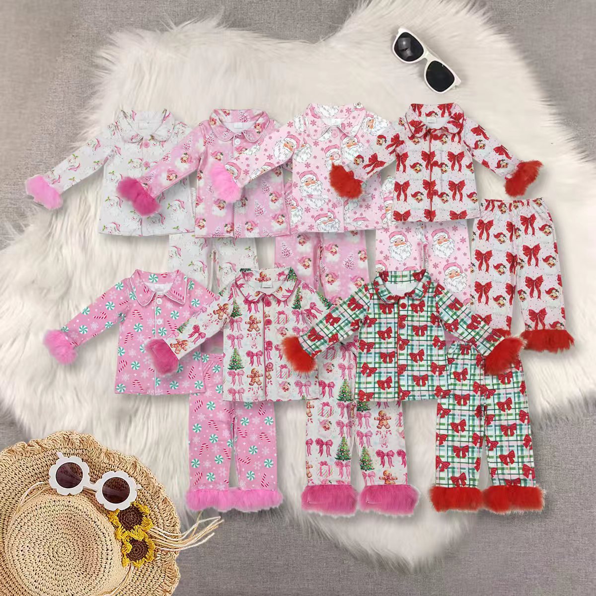 RTS NO MOQ Sibling Baby Girls clothes Christmas Plush Button Long Sleeve Long Pants Pajama Sets