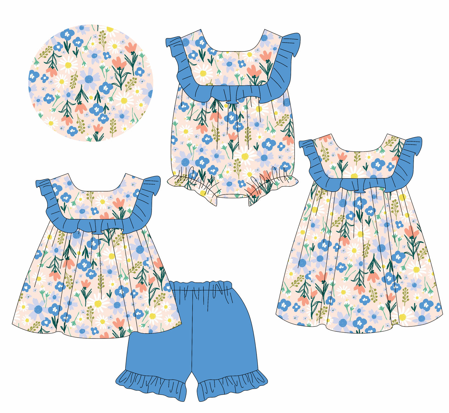 1.11 custom each style moq 5eta 4-6week Sibling Sister floral baby girl short sleeve shorts sets and dress and rompers match family design