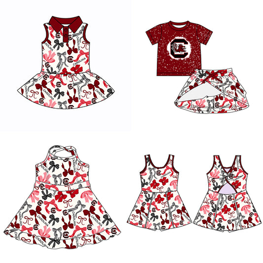 Custom moq 5 mix sizes summer teams baby girls clothes team brick red short sleeve skirts shorts sets dress 1 and dress 2 and dress 3 and dress 4-25.5.15