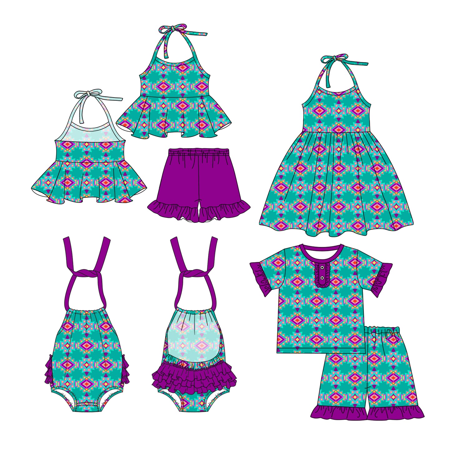 26.1.2 custom each style moq 5 eta 6-8week Sibling Sister baby short sleeve shorts sets 2 and romper and dress match design