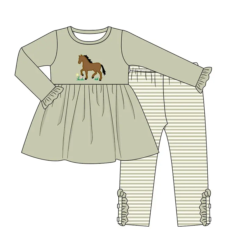 Custom moq 3 eta 7/8week moq 5 eta /4/5week Embroidered horse grey green pleated cuff long sleeve suit