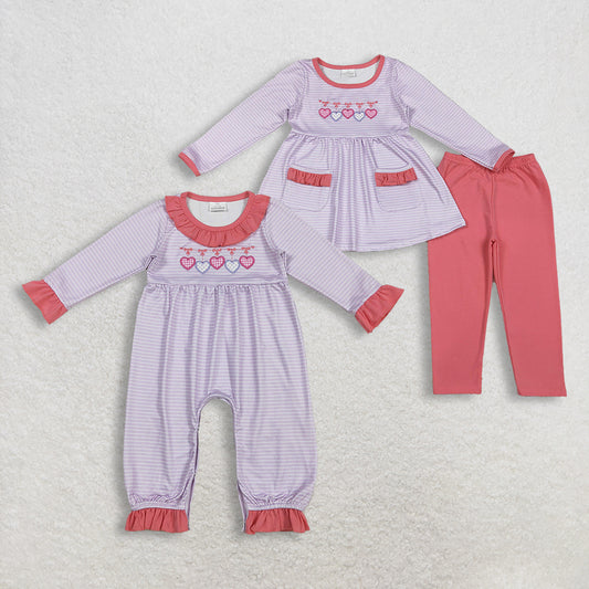 RTS NO MOQ Sibling Baby girl clothes valentine embroidery love long-sleeved trousers suit & rompers