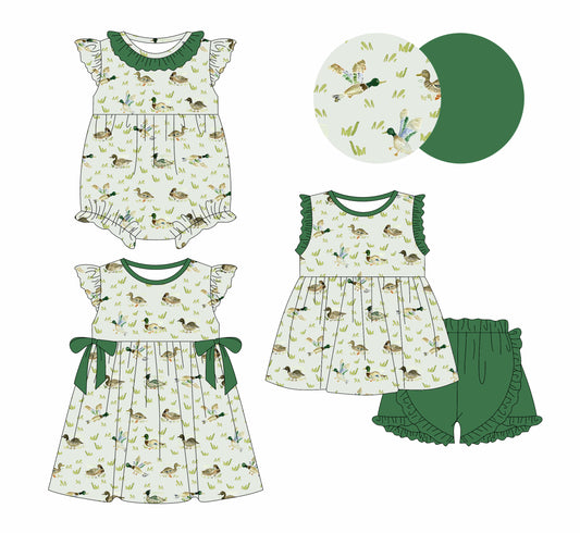 1.18 custom each style moq 5eta 4-6week Sibling Sisters duck baby girl short sleeve shorts sets and dress and rompers match family design