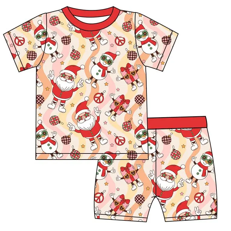 Custom moq 3 eta 7/8week moq 5 eta /4/5week Red Star Glasses Santa Claus-Snowman Pink Skin Color Wavy Short Sleeve Shorts Set