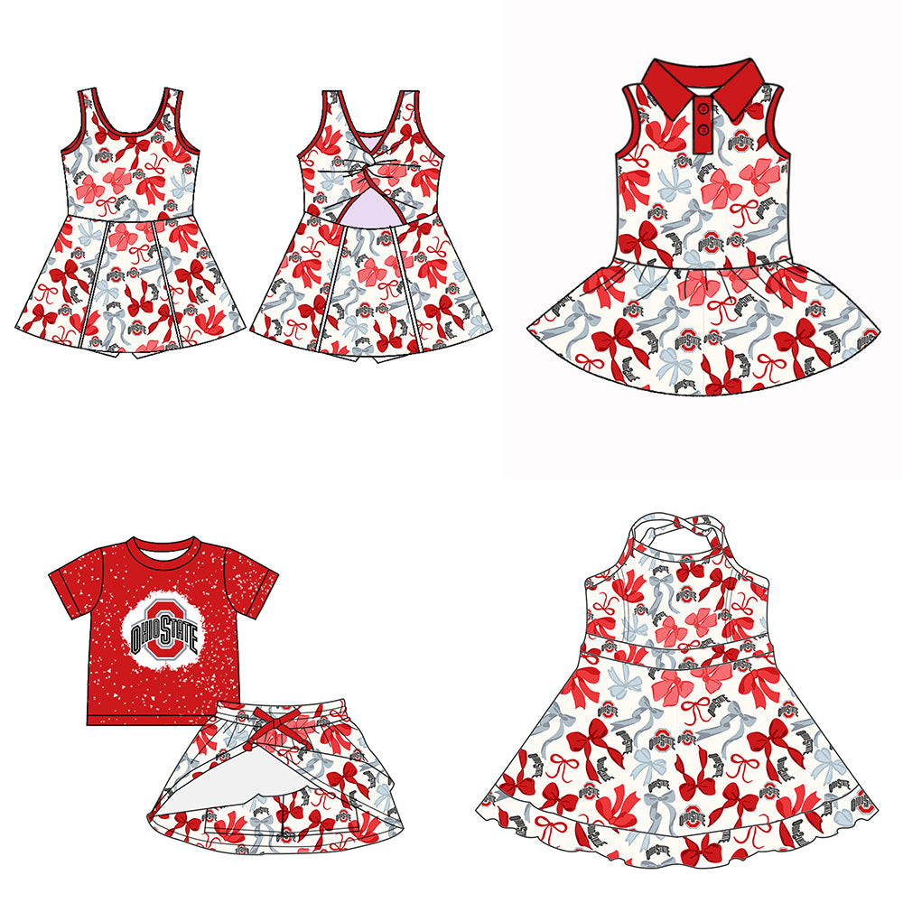Custom moq 5 mix sizes summer teams baby girls clothes team red short sleeve skirts shorts sets dress 1 and dress 2 and dress 3 and dress 4-25.5.13