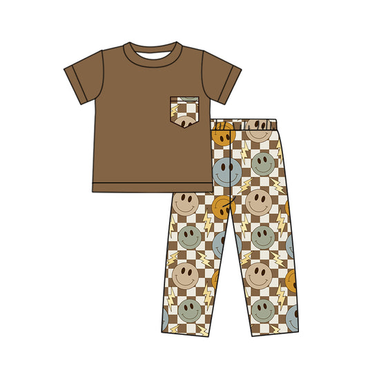 4.27custom moq 5 eta 4-5weeks solid color With pocket t-shirt and smiley face prints long pants set