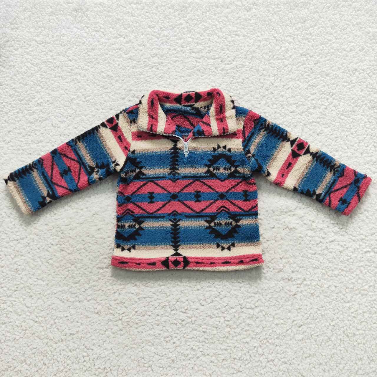 BT0353 aztec geometric blue pink beige zip up fleece jacket long sleeve top