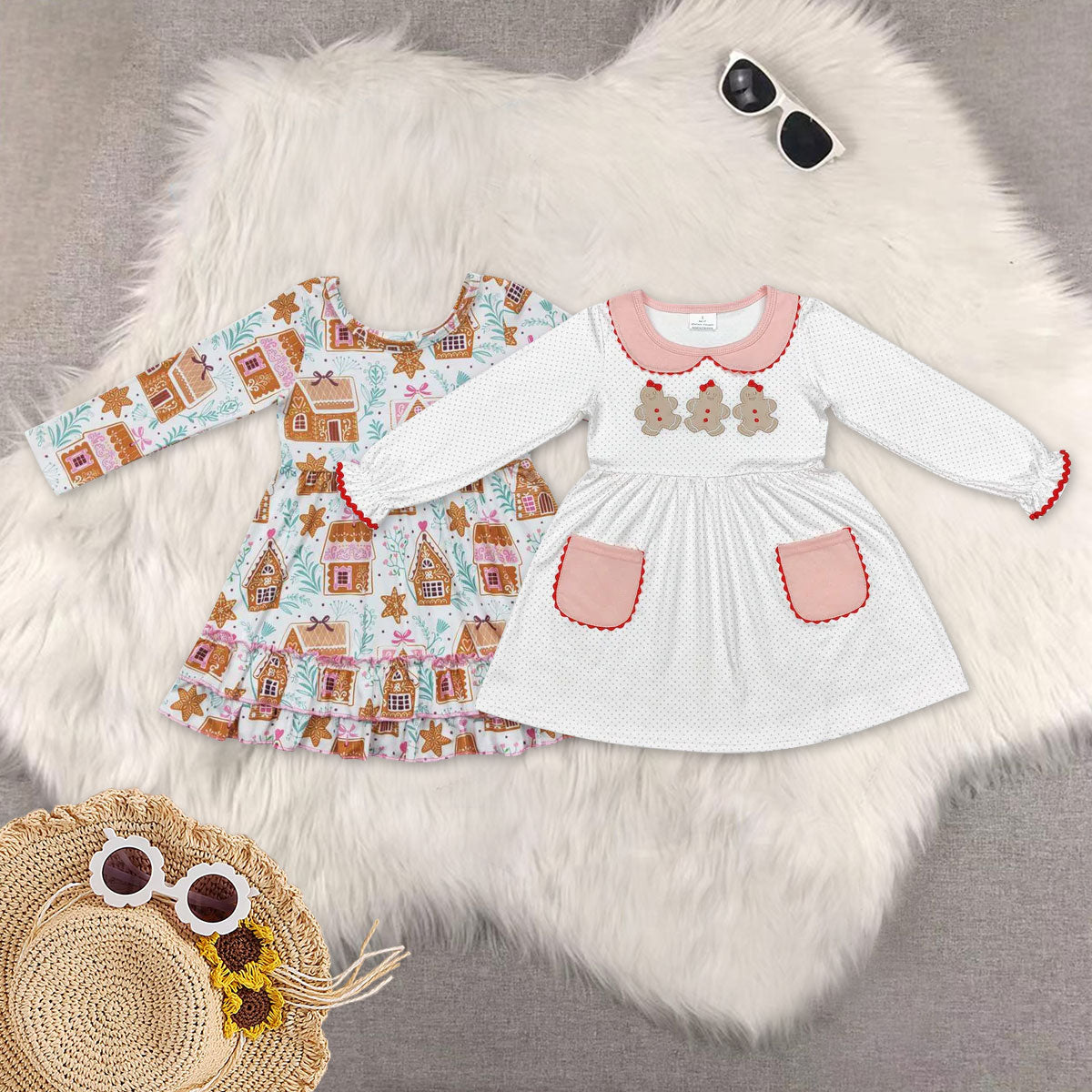 RTS NO MOQ Sibling baby girls clothes Christmas embroidery long-sleeved dresses