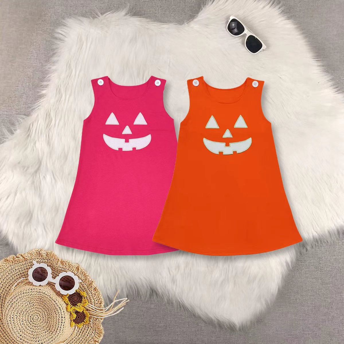 RTS NO MOQ Sibling baby girls clothes Embroidered Pumpkin Face Button Sleeveless Dress; Pink & Orange