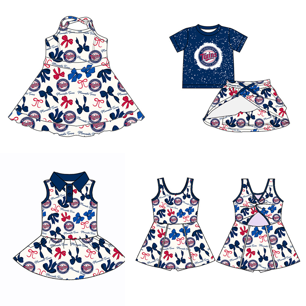 Custom moq 5 mix sizes summer teams baby girls clothes team blue short sleeve skirts shorts sets dress 1 and dress 2 and dress 3 and dress 4-25.5.21