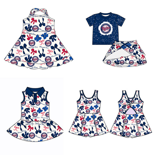 Custom moq 5 mix sizes summer teams baby girls clothes team blue short sleeve skirts shorts sets dress 1 and dress 2 and dress 3 and dress 4-25.5.21