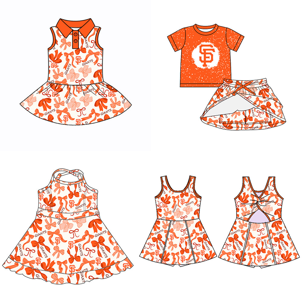 Custom moq 5 mix sizes summer teams baby girls clothes team orange short sleeve skirts shorts sets dress 1 and dress 2 and dress 3 and dress 4-25.5.17