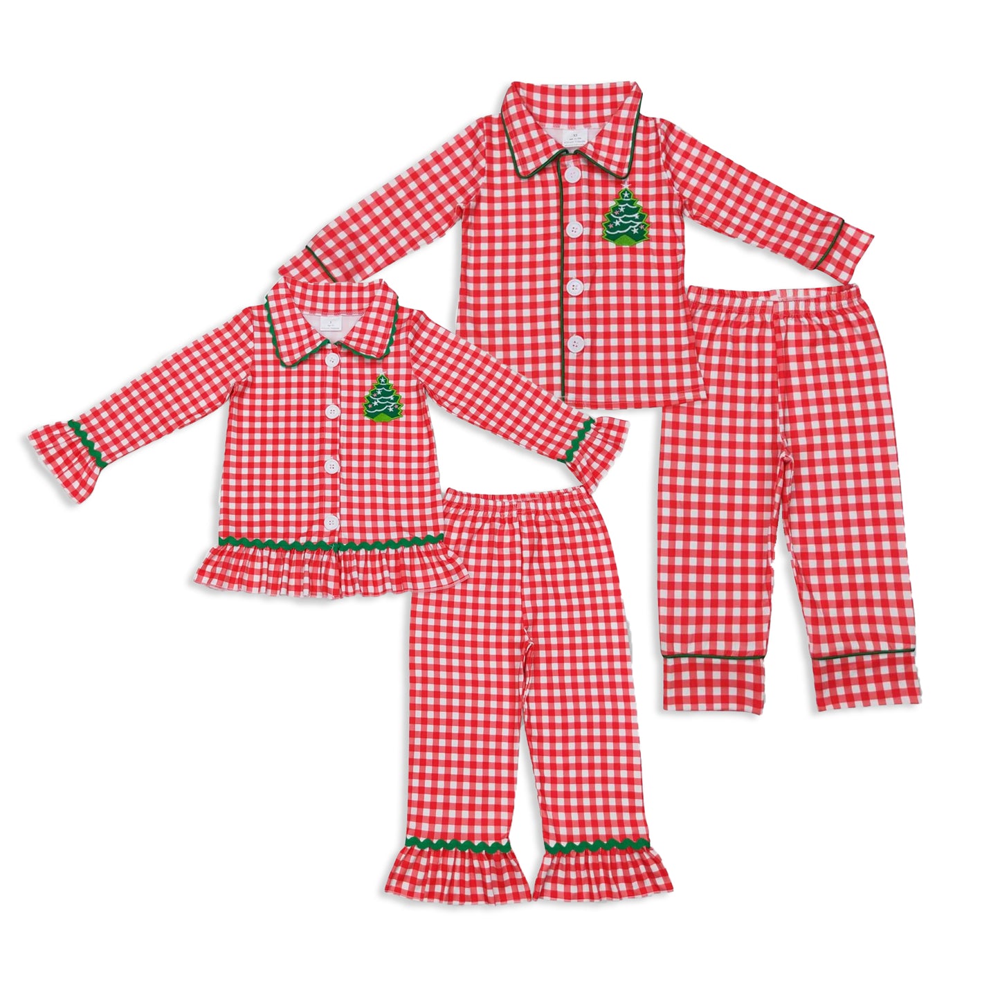 RTS NO MOQ Sibling baby girl boy clothes Embroidered Christmas tree pattern red plaid long-sleeved suit