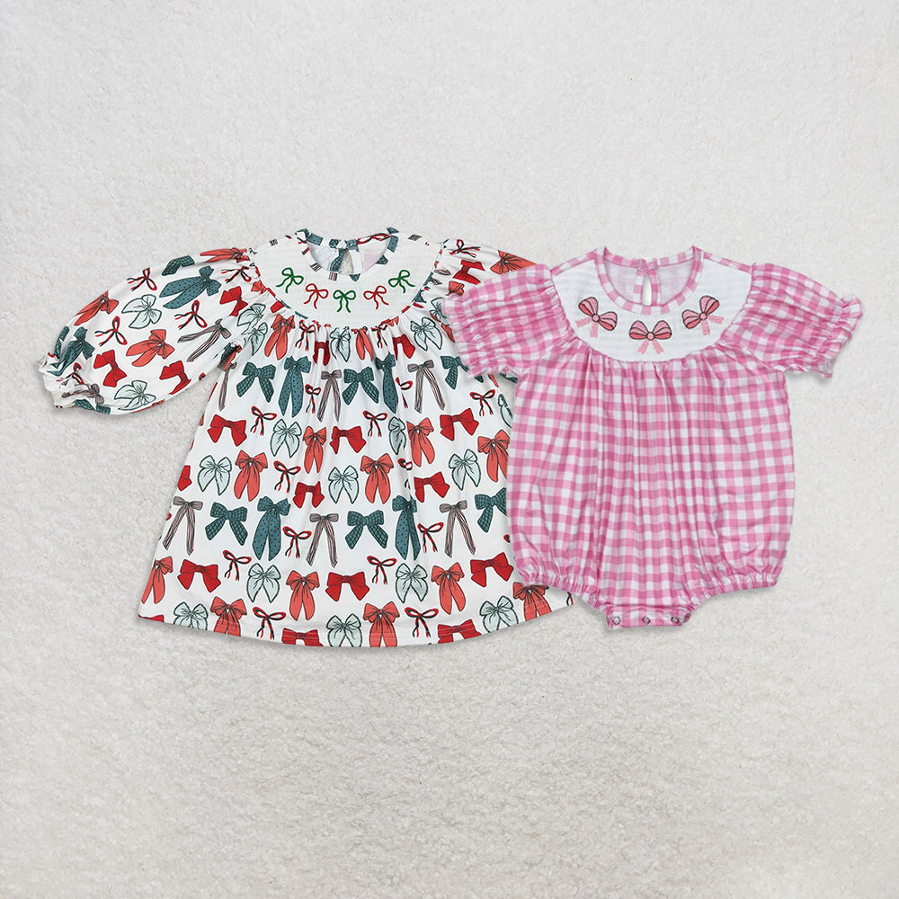 RTS Sibling baby girls clothes smocked embroidery Christmas long Sleeve dress and rompers