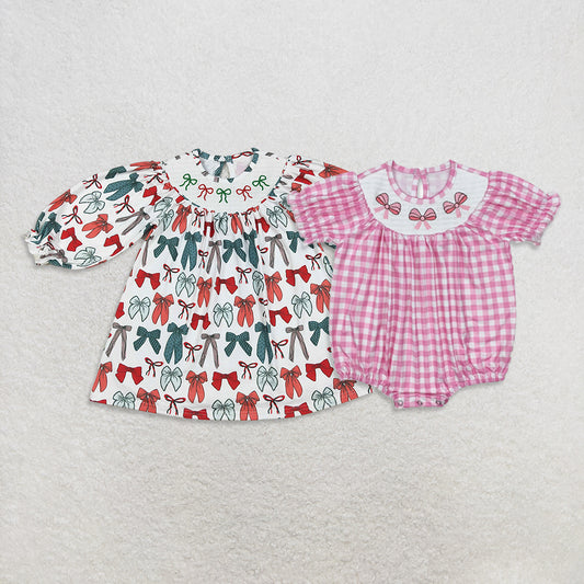 RTS Sibling baby girls clothes smocked embroidery Christmas long Sleeve dress and rompers