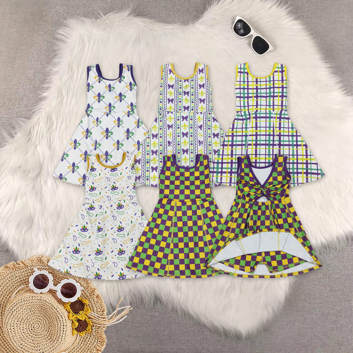 RTS NO MOQ Sibling baby Girls clothes mardi gras yoga sleeveless dresses