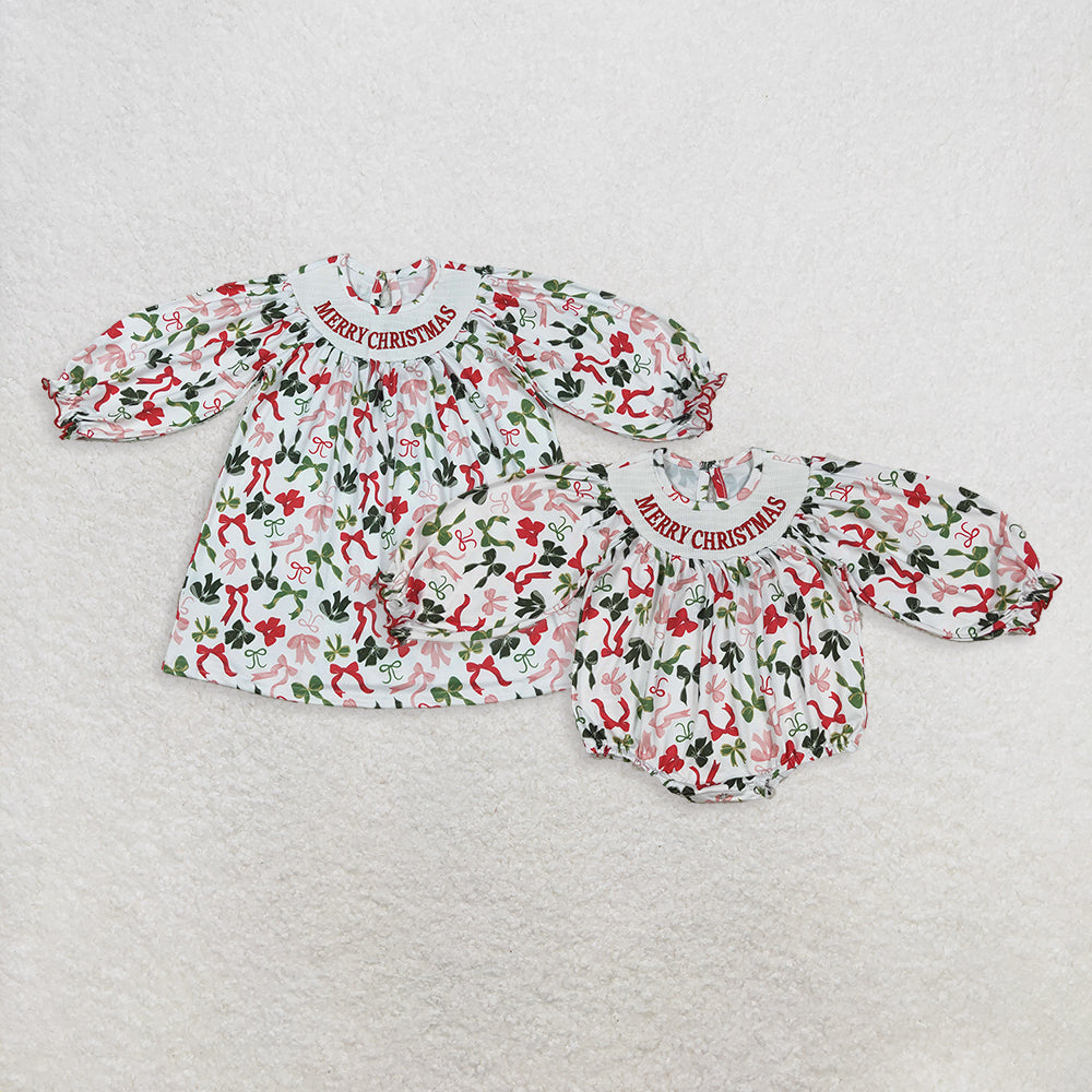 RTS Sibling baby girls clothes smocked embroidery Christmas long Sleeve dress and rompers