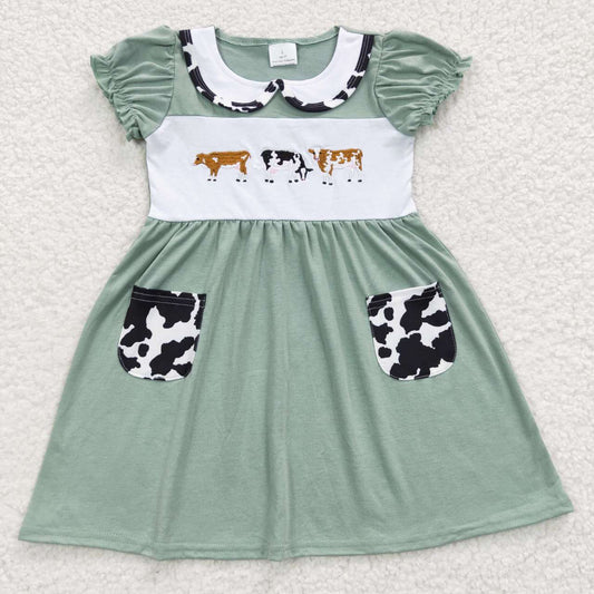 GSD0347 Girls Embroidered Cow Green Pocket Short Sleeve Dress