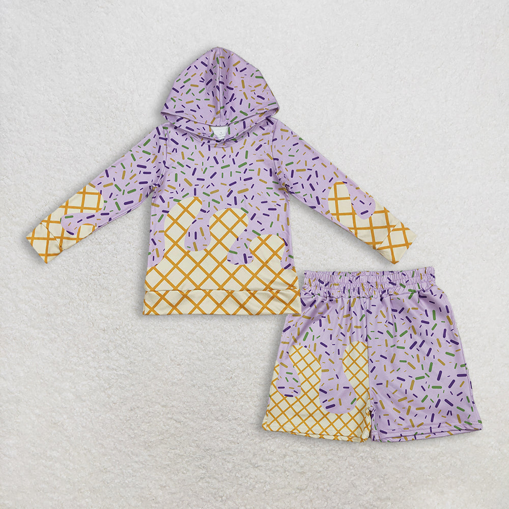 RTS NO MOQ（In Stock) BT1373+SS0653 baby girl clothes ice cream hooded long-Sleeve shorts sets-BLS0029