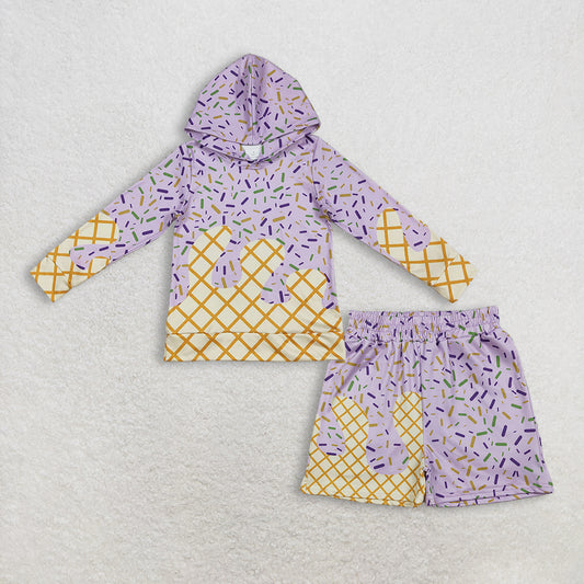 RTS NO MOQ（In Stock) BT1373+SS0653 baby girl clothes ice cream hooded long-Sleeve shorts sets-BLS0029