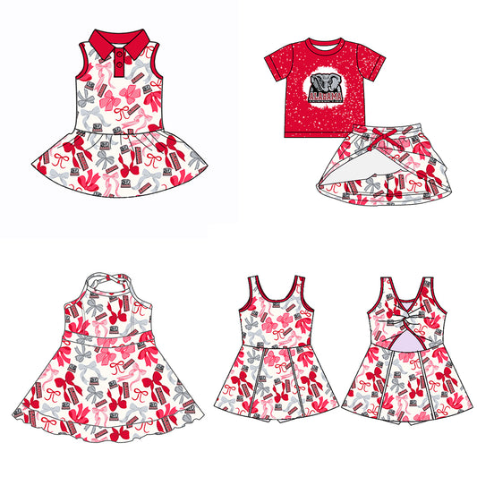 Custom moq 5 mix sizes summer teams baby girls clothes team red short sleeve skirts shorts sets dress 1 and dress 2 and dress 3 and dress 4-25.5.14