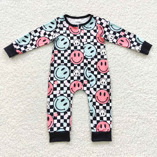 LR0304 Smile Plaid Zipper Long Sleeve Bodysuit