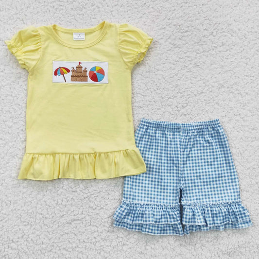 GSSO0276 Girls Embroidered Beach Castle Yellow Short Sleeve Blue Plaid