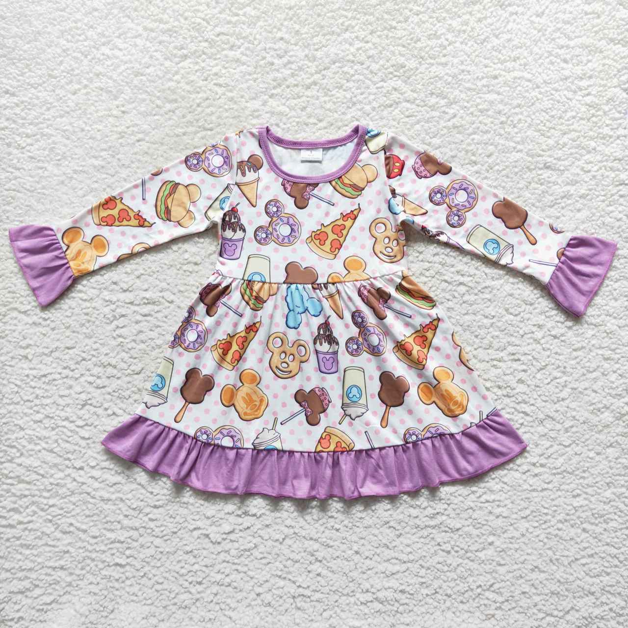GLD0265 Cartoon Mickey Pizza Burger Polka Dot Purple Lace Long Sleeve Dress