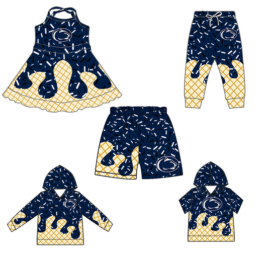 Custom summer teams baby girls clothes team dark blue hooded long sleeve tops and short sleeve top and dress and pants and shorts-25.6.2
