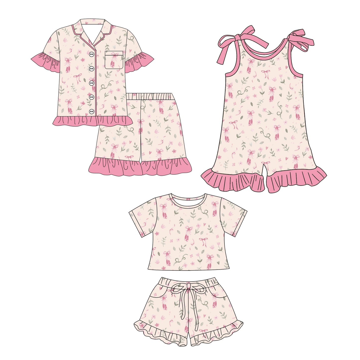 26.1.3 custom each style moq 5 eta 6-8week Sibling Sister ballet shoes bow baby short sleeve shorts sets 2 and jumpsuit match design