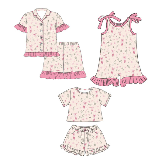 26.1.3 custom each style moq 5 eta 6-8week Sibling Sister ballet shoes bow baby short sleeve shorts sets 2 and jumpsuit match design