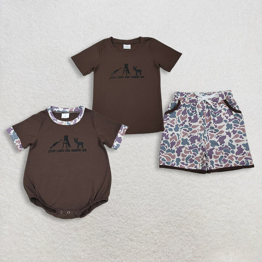 RTS NO MOQ Sibling baby boy clothes embroidery gun hunting short sleeve shorts sets and romper