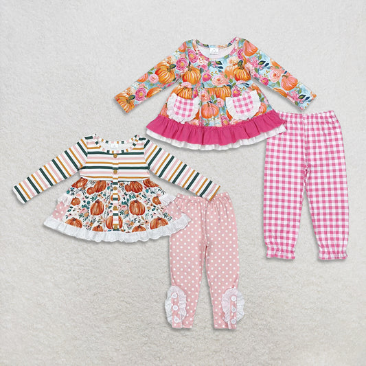 RTS NO MOQ Sibling Baby Girls embroidery pumpkin halloween Long Sleeve Pants Sets