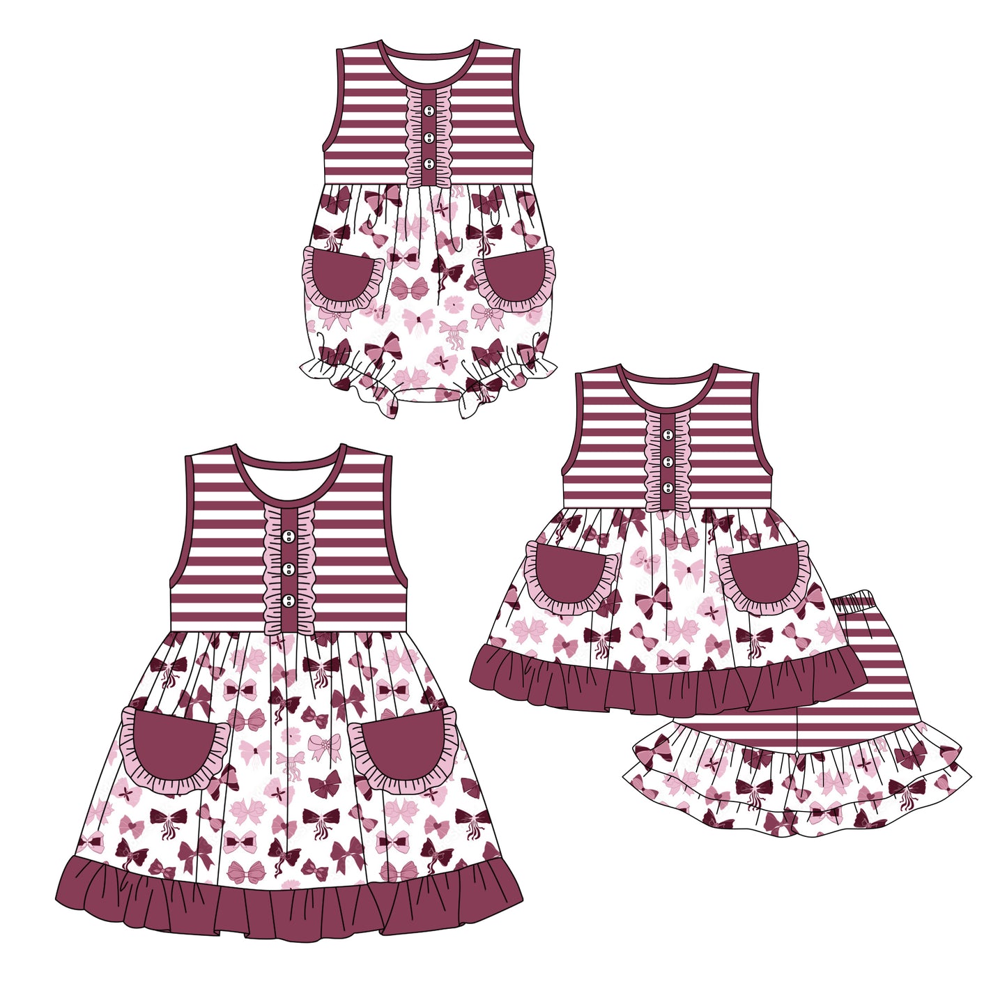 2.7 custom each style moq 5eta 4-6week Sibling Sisters bow baby girl short sleeve shorts sets and dress and rompers match family design