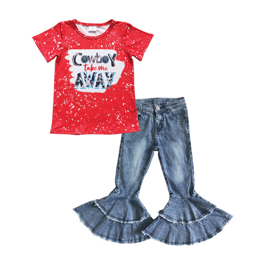 GT0105 Girls COWBOY red short sleeve top+C5-15 Light bleached double denim flared pants