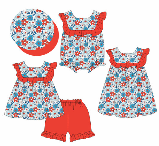 1.13 custom each style moq 5eta 4-6week Sibling Sisters floral baby girl short sleeve shorts sets and dress and rompers match family design