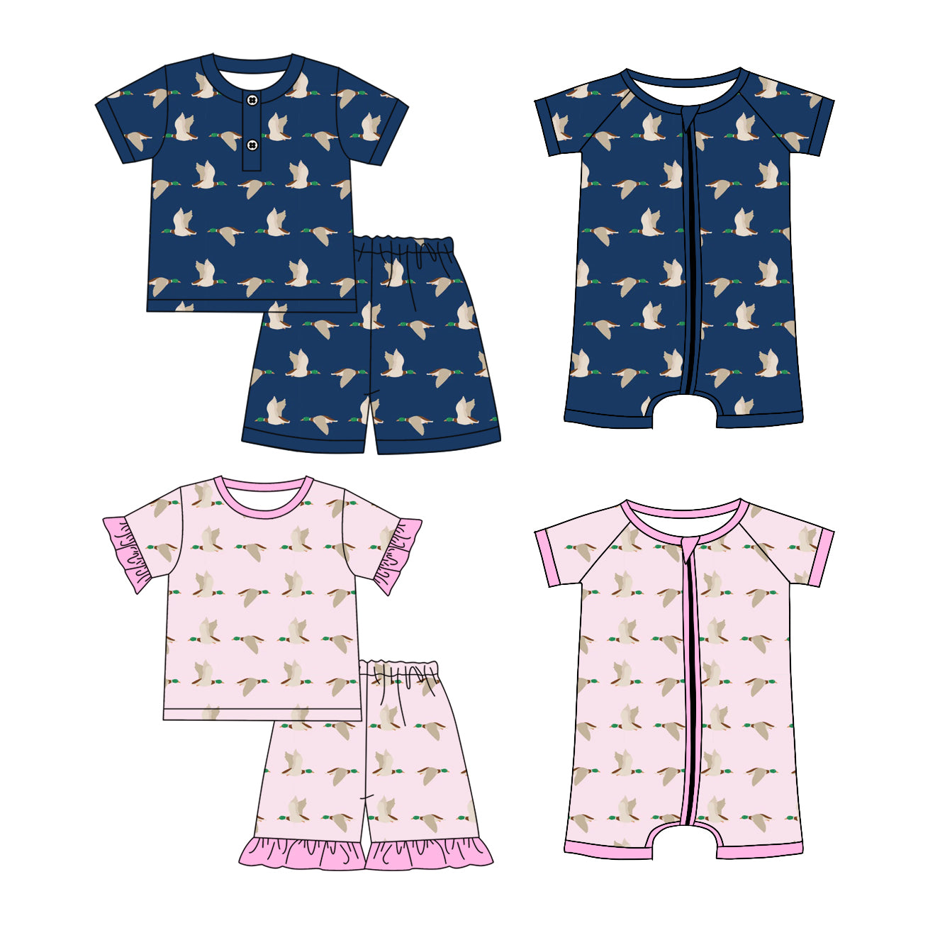 1.7 custom each style moq 5eta 4-6week Sibling Sister duck baby girl short sleeve shorts sets and sets 2 and boy romper and girl romper match design