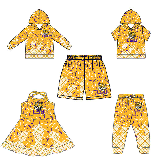 Custom summer teams baby girls clothes team gold hooded long sleeve tops and short sleeve top and dress and pants and shorts-25.5.28