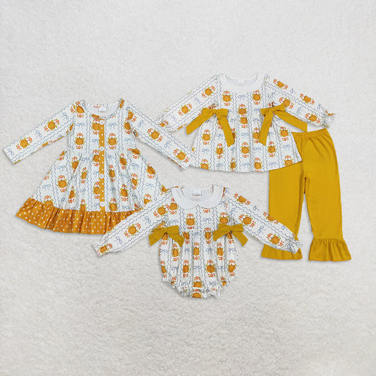 RTS Sibling baby girls clothes halloween pumpkin long Sleeve pants sets and dress and romper