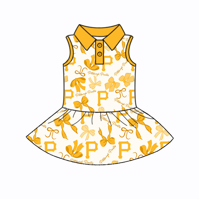 Custom moq 5 mix sizes summer teams baby girls clothes team yellow short sleeve skirts shorts sets dress 1 and dress 2 and dress 3 and dress 4-25.5.22
