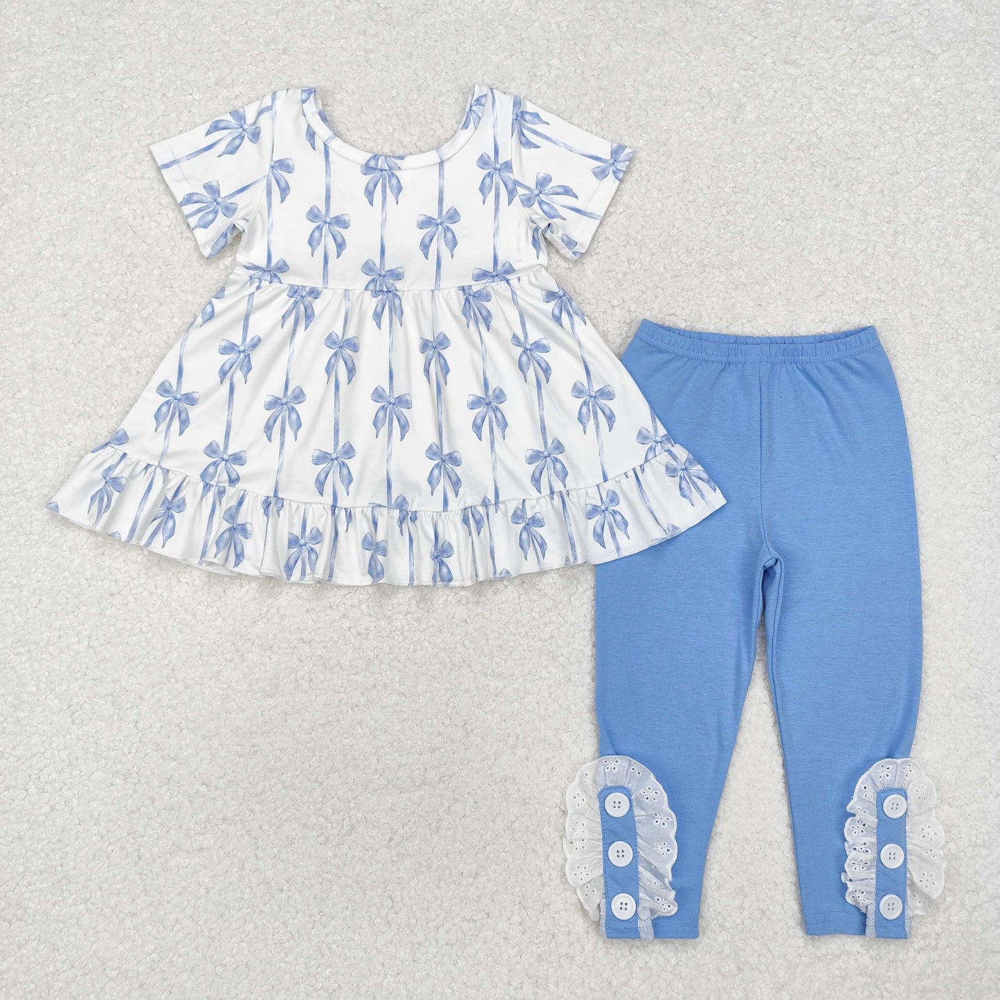 RTS NO MOQ ETA 5/7days Arrived GSPO1688 Blue bow short-sleeved top and white lace trousers set