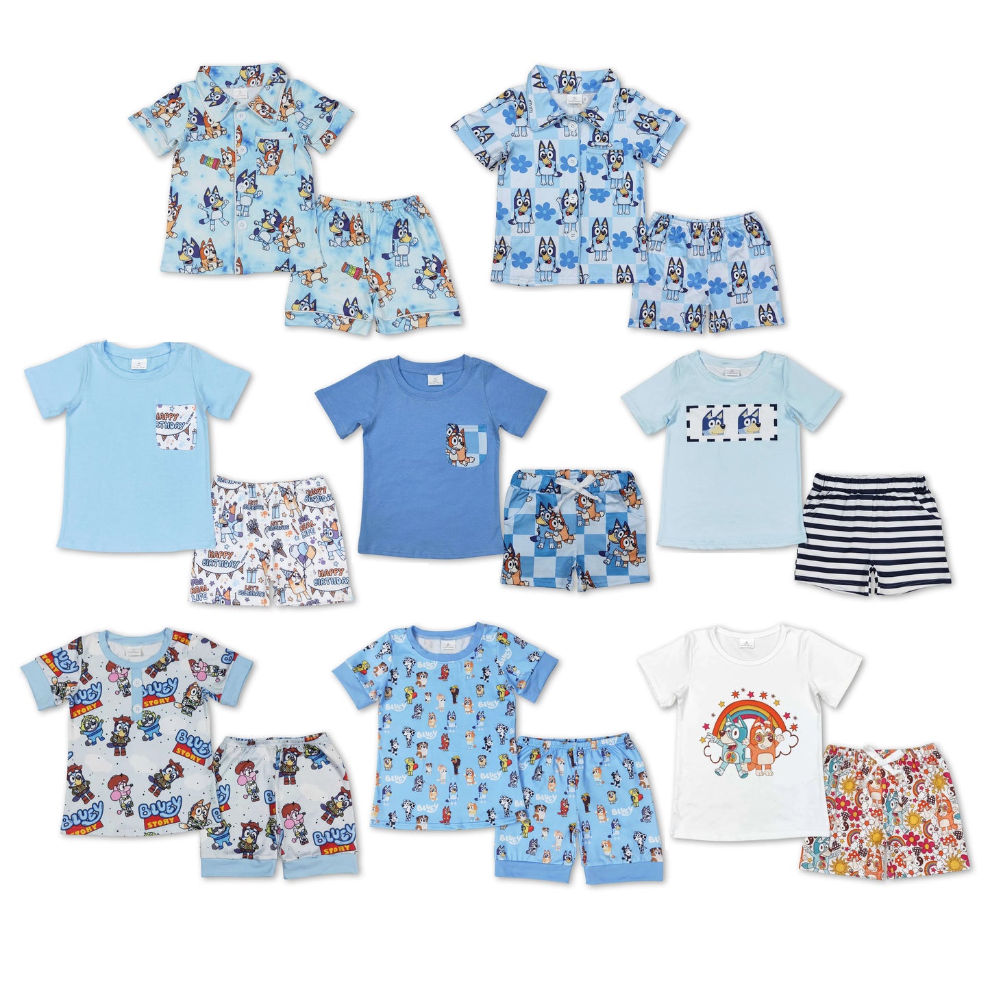 RTS NO MOQ Baby Girls and Boys cartoon dog Summer Short Sleeve Shorts Sets