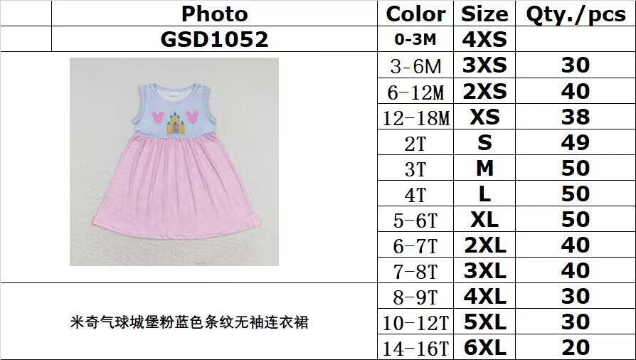 RTS no moq GSD1052 Mickey balloon castle pink and blue striped sleeveless dress