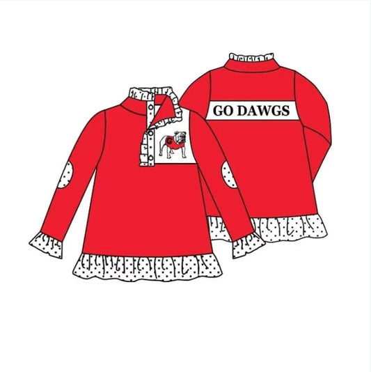 Deadline September 20 custom no moq eta 6-8weeks Red Puppy Pattern Polka Dot Ruffled Stand Collar Zipper Pullover Girls Jacket