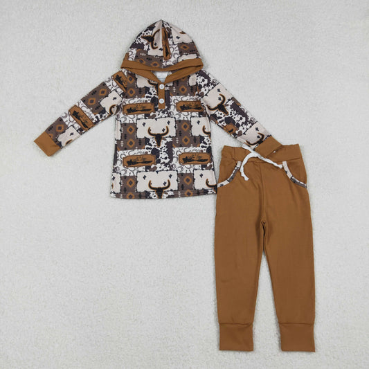 RTS NO MOQ（In Stock) BLP1238 Alpine Bull Head Geometric Buttoned Hooded Long-Sleeved Brown Pants Set